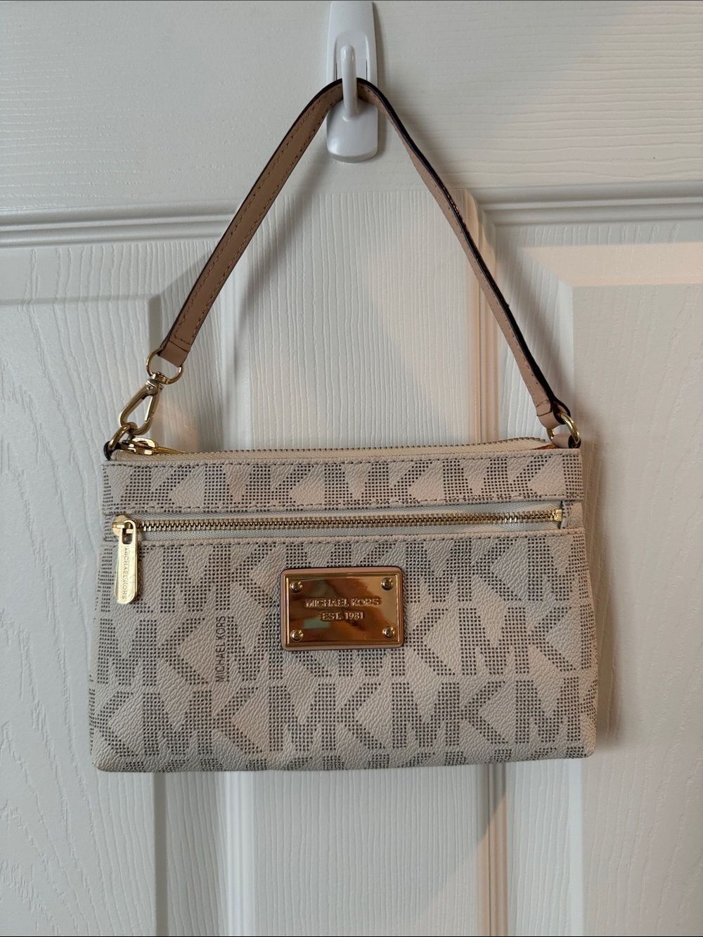 Michael Kors Cream Logo Wristlet with Gold Hardware